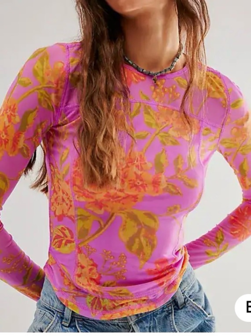 Floral Mesh Long-Sleeve Top in Purple and Orange